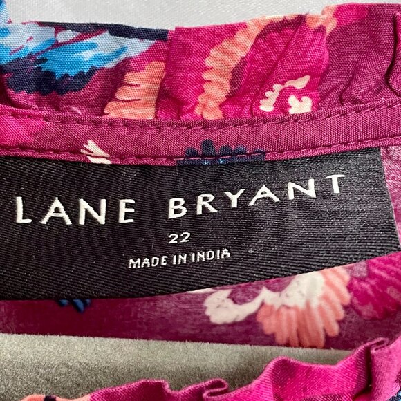 Lane Bryant Cotton Floral Popover Blouse Pink Ruffle Neck Short Sleeve Size 22 - Picture 4 of 16